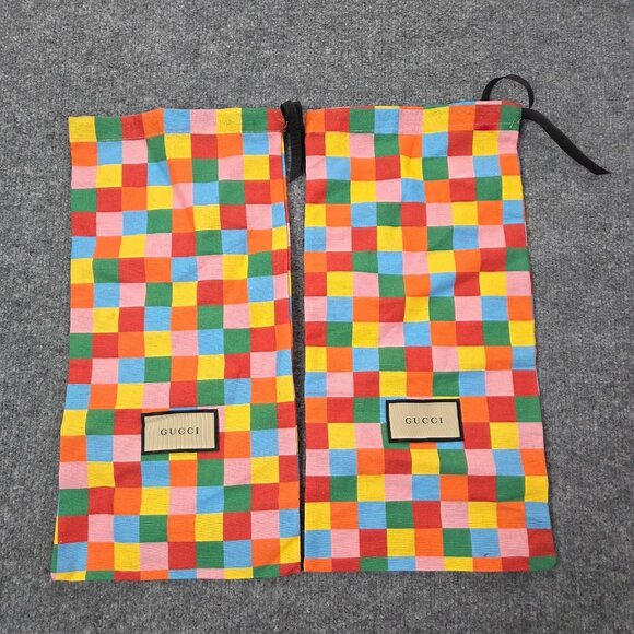 2 GUCCI Multicolored Checkered Logo Patch Drawstring Dust Cover Bag - Picture 1 of 7